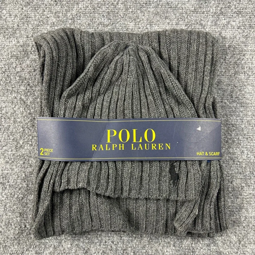 Polo Ralph Lauren Hat Scarf‎ Set Mens OS Gray Ribbed Knit Beanie Winter PP0079